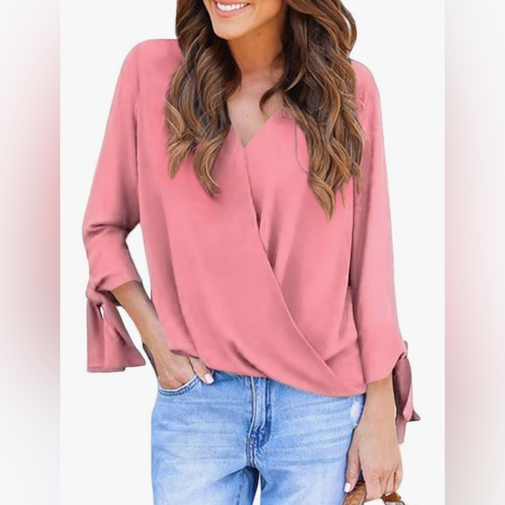 ✨ Coral Long-Sleeve Blouse with Flowy Tie Cuffs ✨